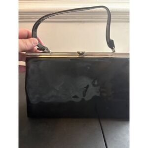 Vintage Dover Black Patent Leather Handbag Kiss Lock Frame Bag Made in USA
